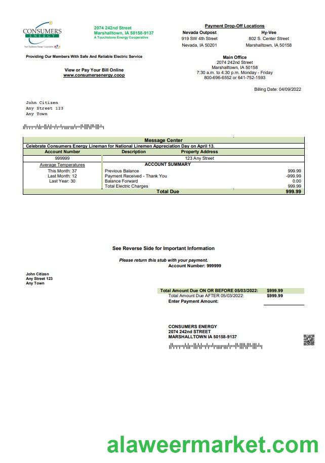 USA Consumers Energy utility bill template in Word and PDF format